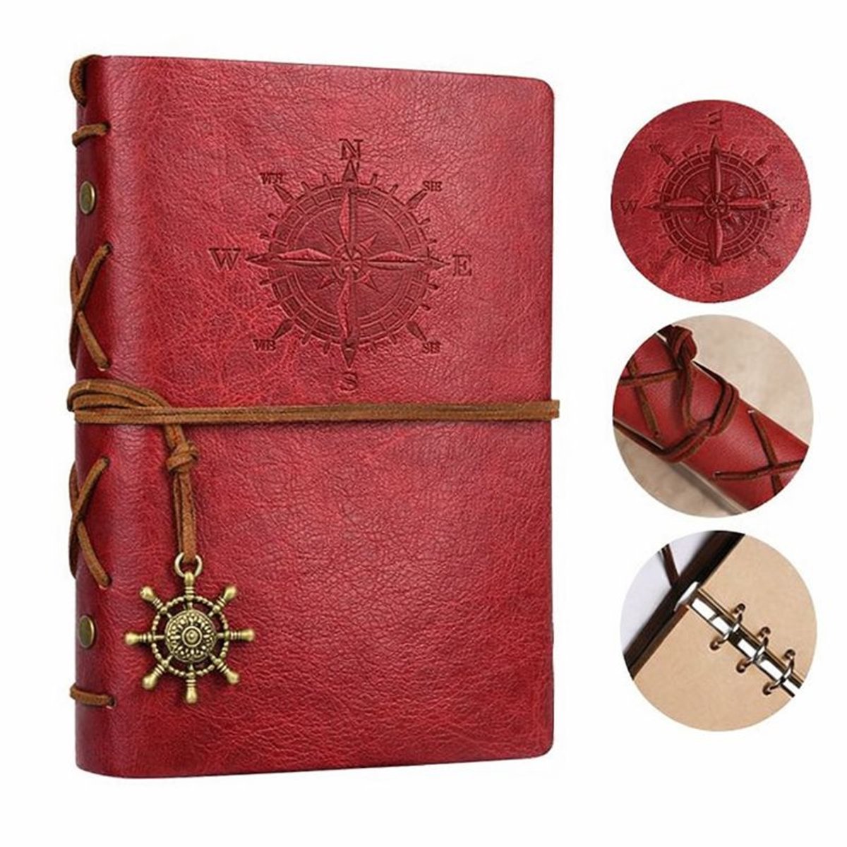 Goodz4All Vintage Lederen Notitieboek met Windroos 15x10CM - Rood - Journal Schetsboek Notebook - Cadeau idee - Blanco Papier - Travel Journal Reis Dagboek Retro