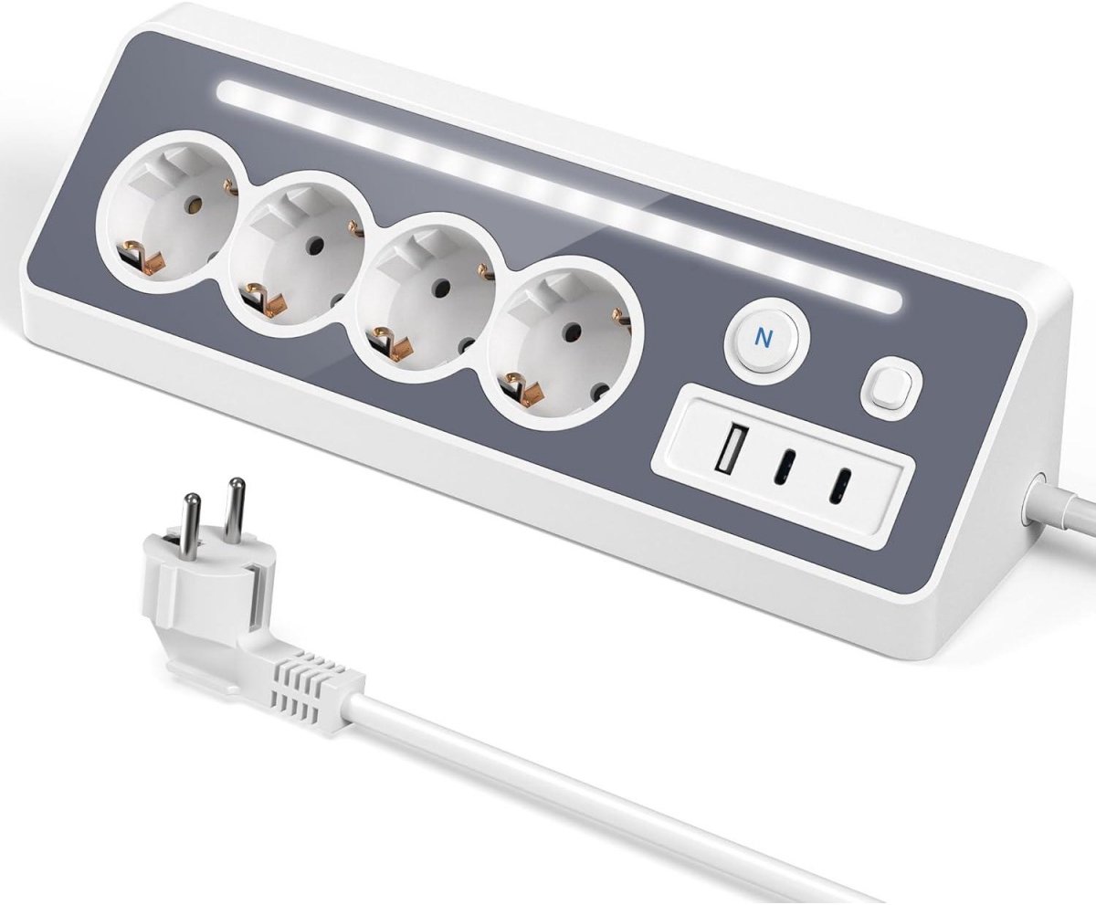 GELLDG Stopcontact - Multifunctioneel stopcontact - Voorzien van USB- en Type-C-poorten - Met schakelaar en LED-indicator - Bureaustopcontact volgens Europese standaard - Geschikt voor keukens, kantoren en slaapkamers