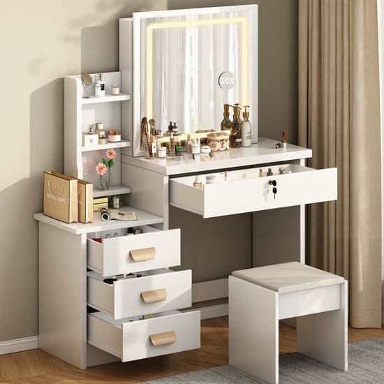 Foto: Kaptafel make up tafel inclusief krukje met groots led spiegel 3 lichtkleuren 4 lades en 6 planken met verborgen opbergruimte eenvoudige montage 87x36x136 cm voor slaapkamer kleedkamer wit