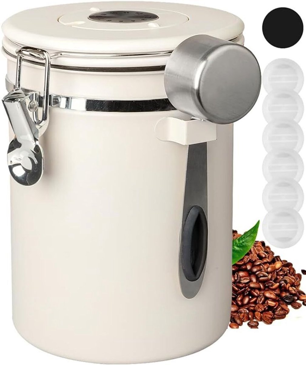 Koffiepot met luchtdicht deksel, 1800 ml, met datumaanduiding en lepel, Geschikt voor het bewaren van koffiegruis, koffiebonen, meel en granen (wit).