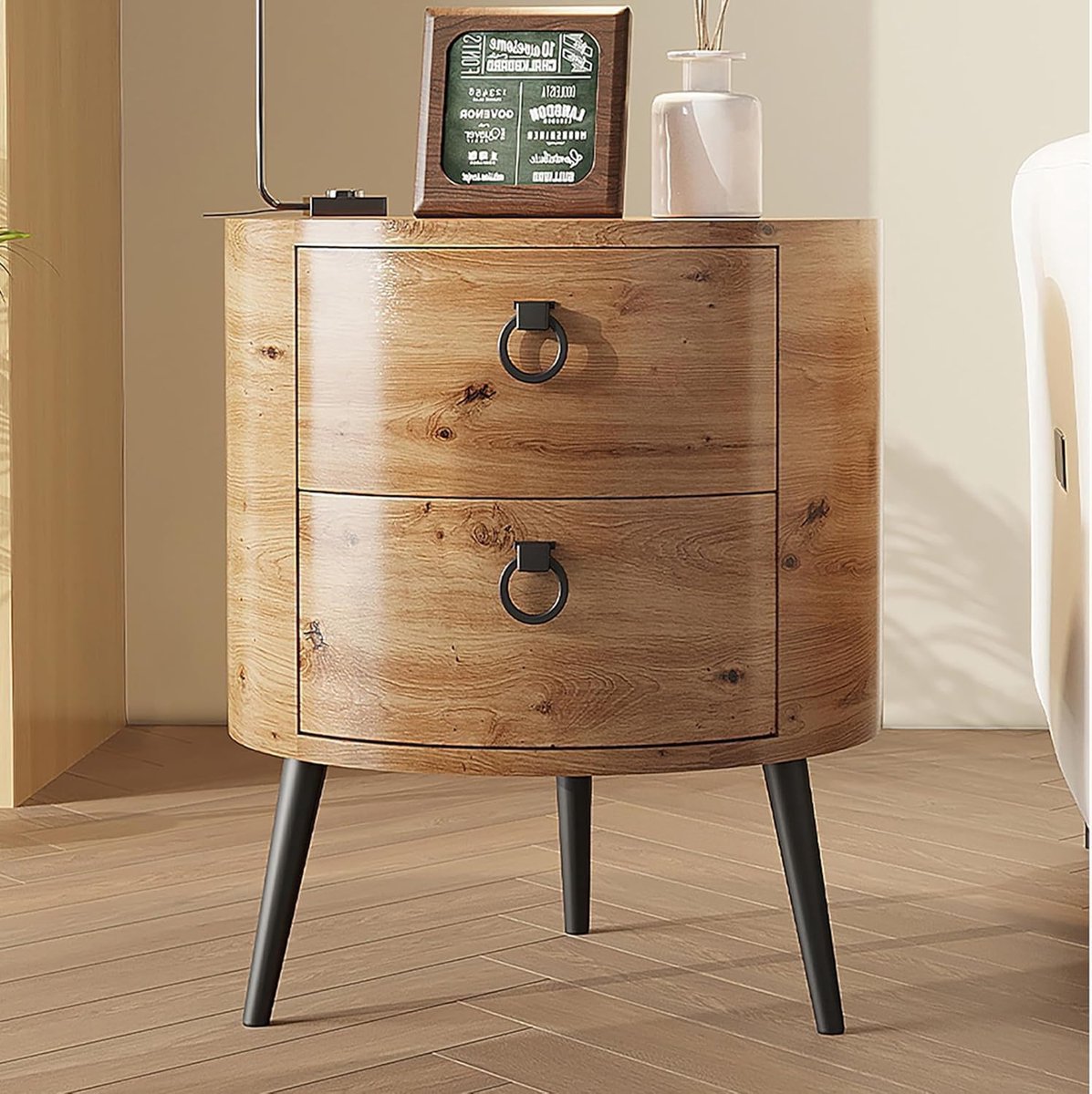 Ronde nachtkast met 2 lades - moderne bijzettafel van hout & metaal - landelijk design - 47 x 47 x 55 cm - voor slaapkamer & woonkamer