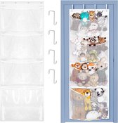 Jonnick Organiseur de sac à suspendre au-dessus de la porte pour animaux en peluche et rangement de jouets avec poches de rangement suspendues respirantes avec crochets en métal (grille noire