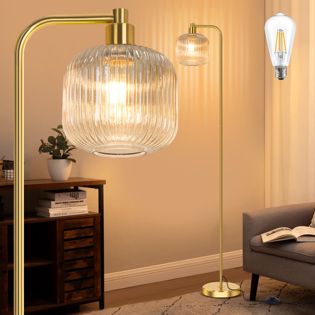 MUPOO Moderne Vloerlamp – Khaki Geribbelde Glazen Kap - Hoge Staande Lamp 6W & 170cm met Voetschakelaar & Inclusief Lamp - Moderne Paallamp voor Woonkamer, Slaapkamer, Studiekamer, Kantoor