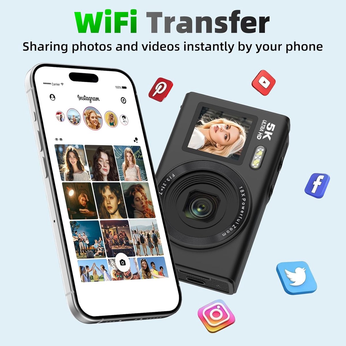 Allesto Camera - 5K Digitale camera - 80MP camera met dubbel scherm voor fotografie en vloggen, 18x zoom, autofocus, invullicht, compacte vlogcamera voor studenten, reizen, tieners en beginners, inclusief 64GB geheugenkaart fototoestel（zwart） thumbnail 6