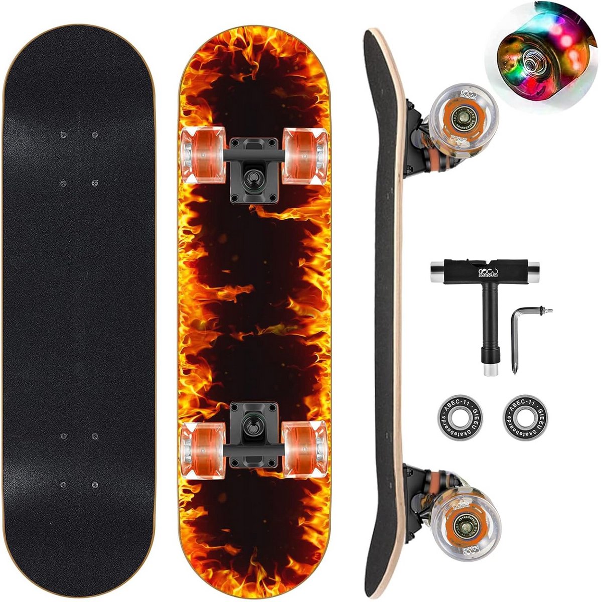 Complete Skateboard met Knipperende Wielen voor Kinderen Tieners en Volwassenen 9 Lagen Esdoorn Hout