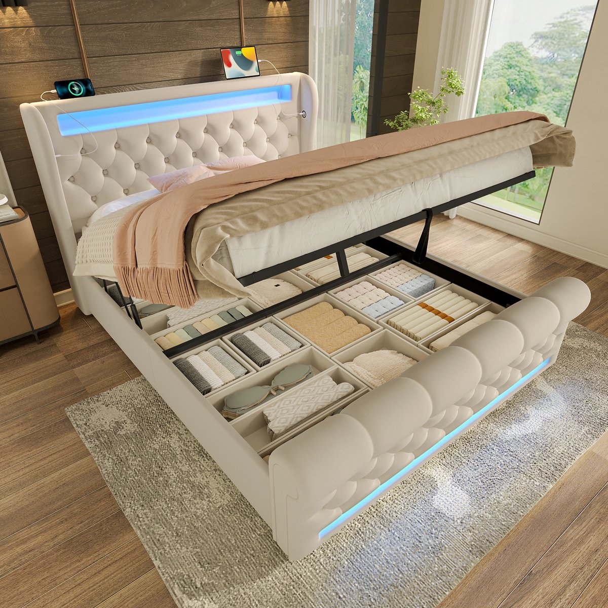 STILVORA Gestoffeerd Bed 140x200 cm – Tweepersoonsbed Met Hydraulische Opbergruimte & LED – USB/Type-C Oplaadstation – Fluweel – Beige – Met matras
