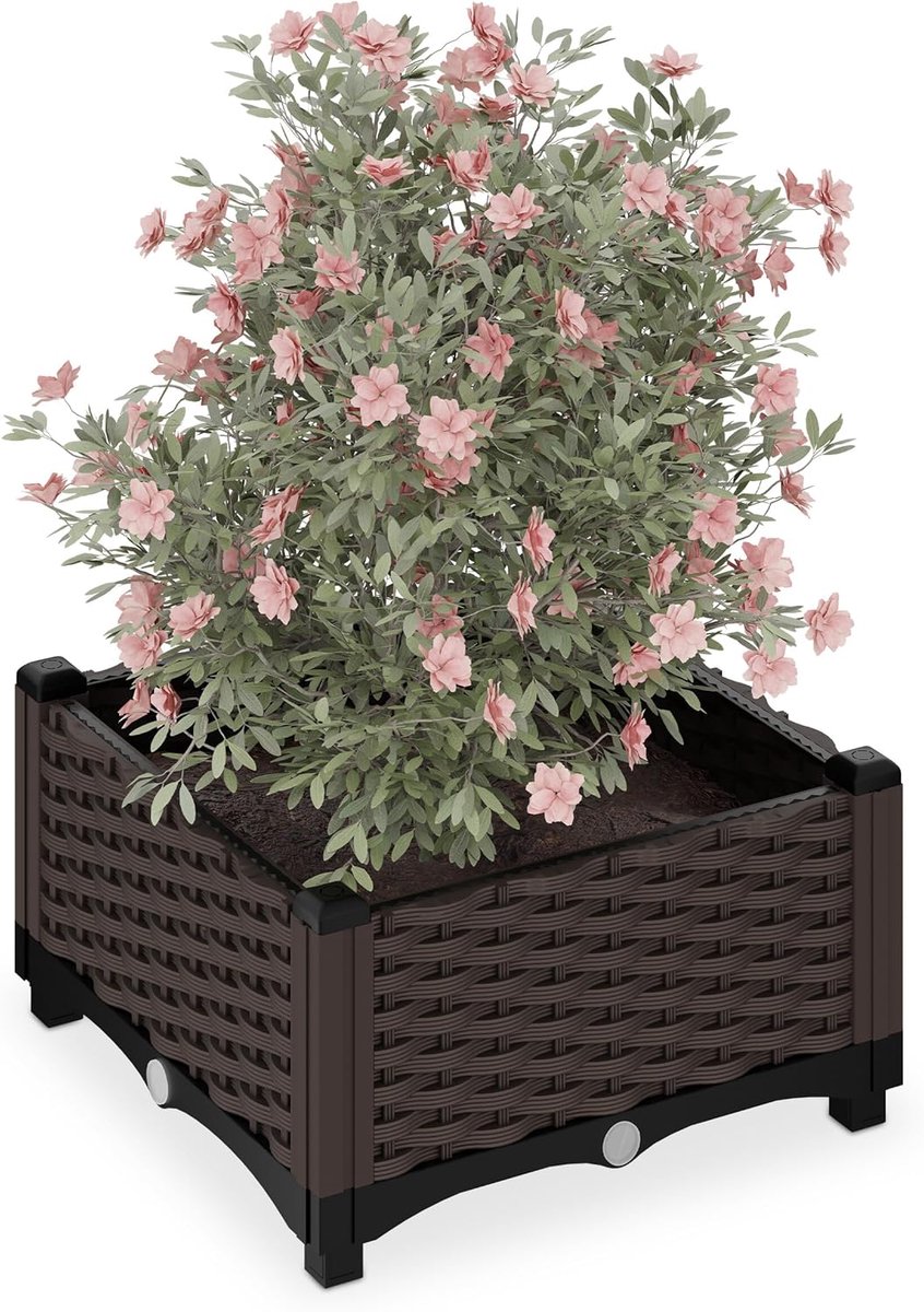 Famanu – Plantenbak rotanlook met waterreservoir vierkant 23 x 40 x 40 cm voor balkon en terras kunststof bruin