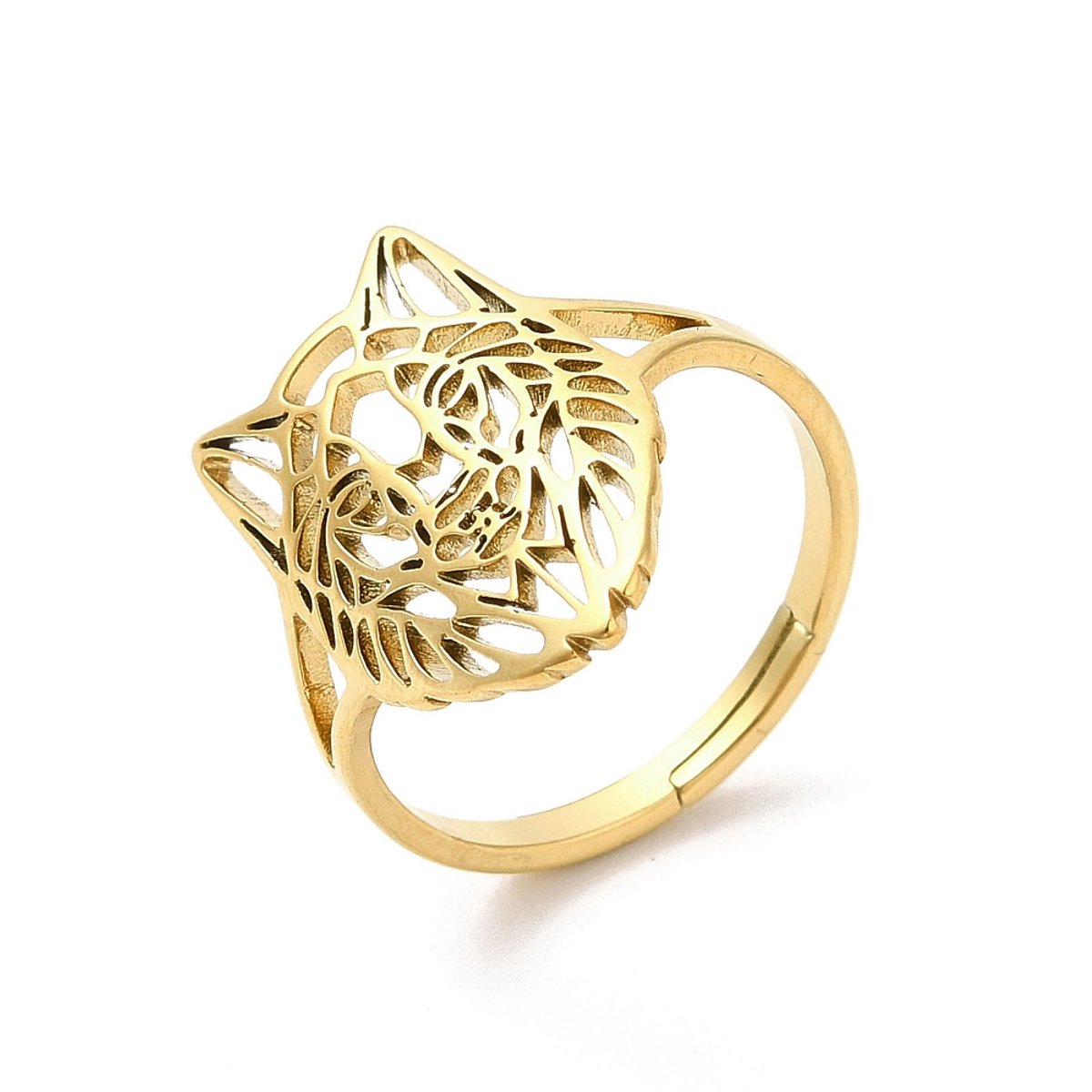 Ring stainless steel wolf bohemian, one size ring, goudkleurig, 100% waterproof, verstelbare ring, cadeau