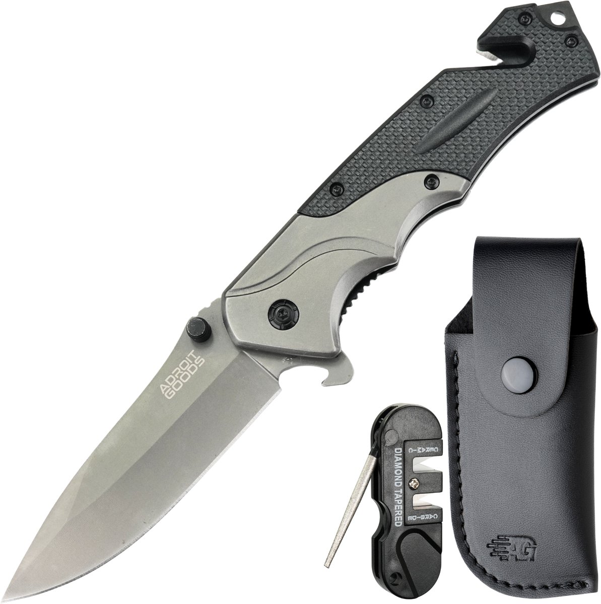 AdroitGoods RVS zakmes met G10 handgreep – incl. hoes en slijptool - Premium G10 opvouwbaar outdoor mes - Ergonomische antisliphandgreep & duurzame constructie