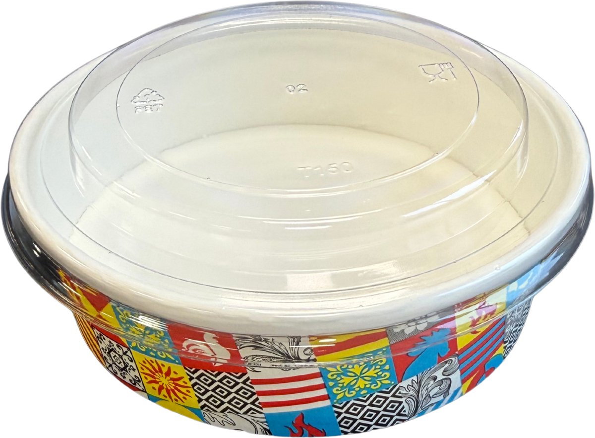 Bedrukte Ronde Slabak met Deksel – 500 ml – Saladebak & Poké Bowl – 250 Bakjes + 250 Deksels
