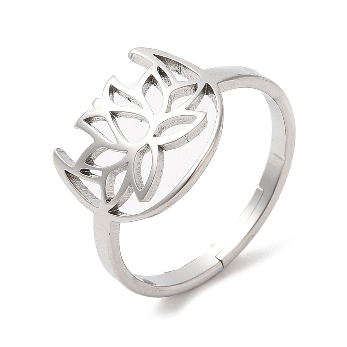 Ring stainless steel lotus maan bohemian, one size ring, zilverkleurig, 100% waterproof, verstelbare ring, cadeau