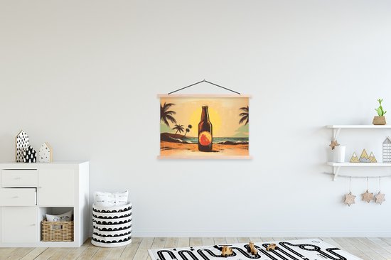 Posterhanger incl. Poster 90x60 cm - Schoolplaat - Bierfles - Zonsondergang - Palmbomen - Zee - Textielposter - Blanke latten
