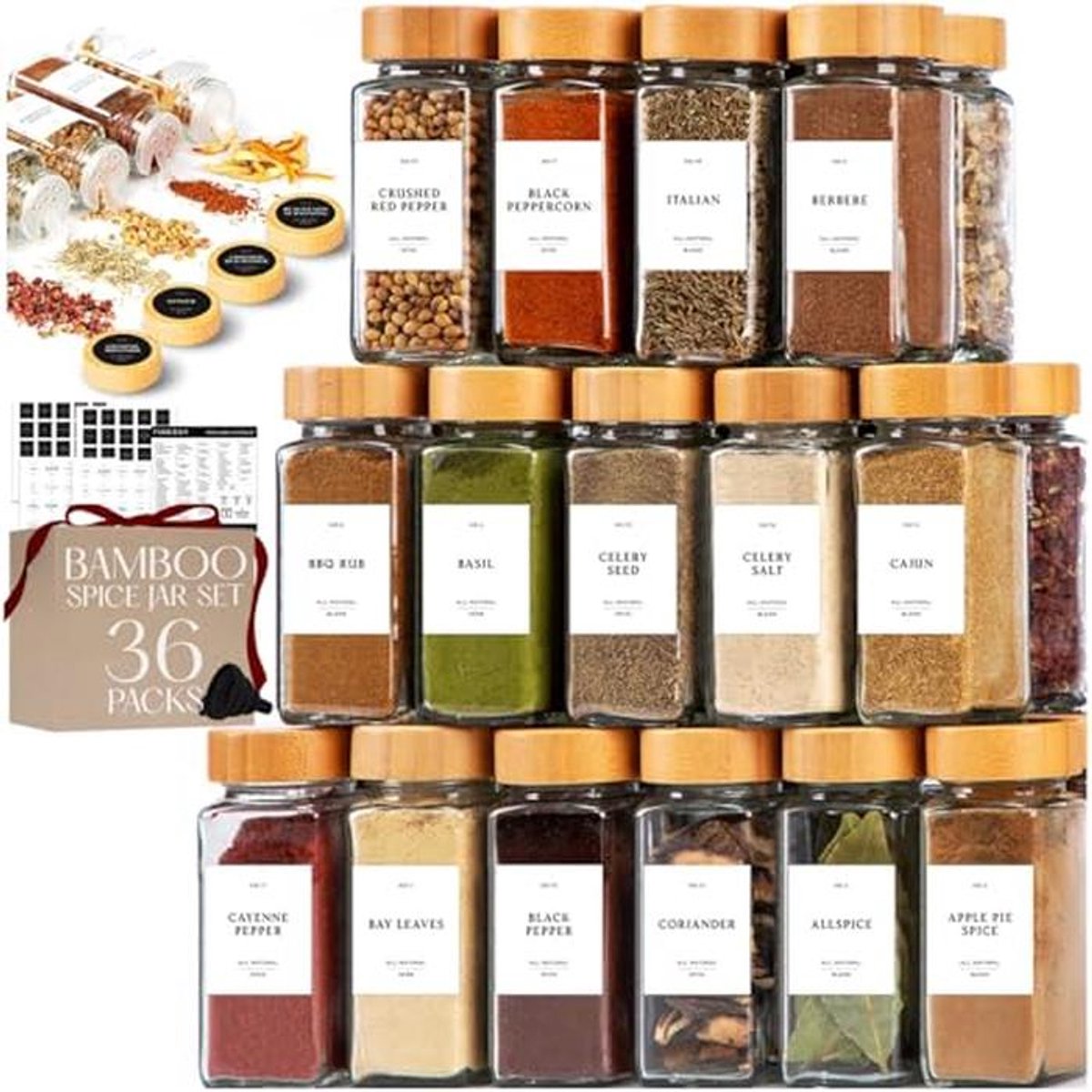 Glazen kruidenpotten met bamboe deksels - 36 stuks, 4 oz - Luchtdichte kruiden organizer