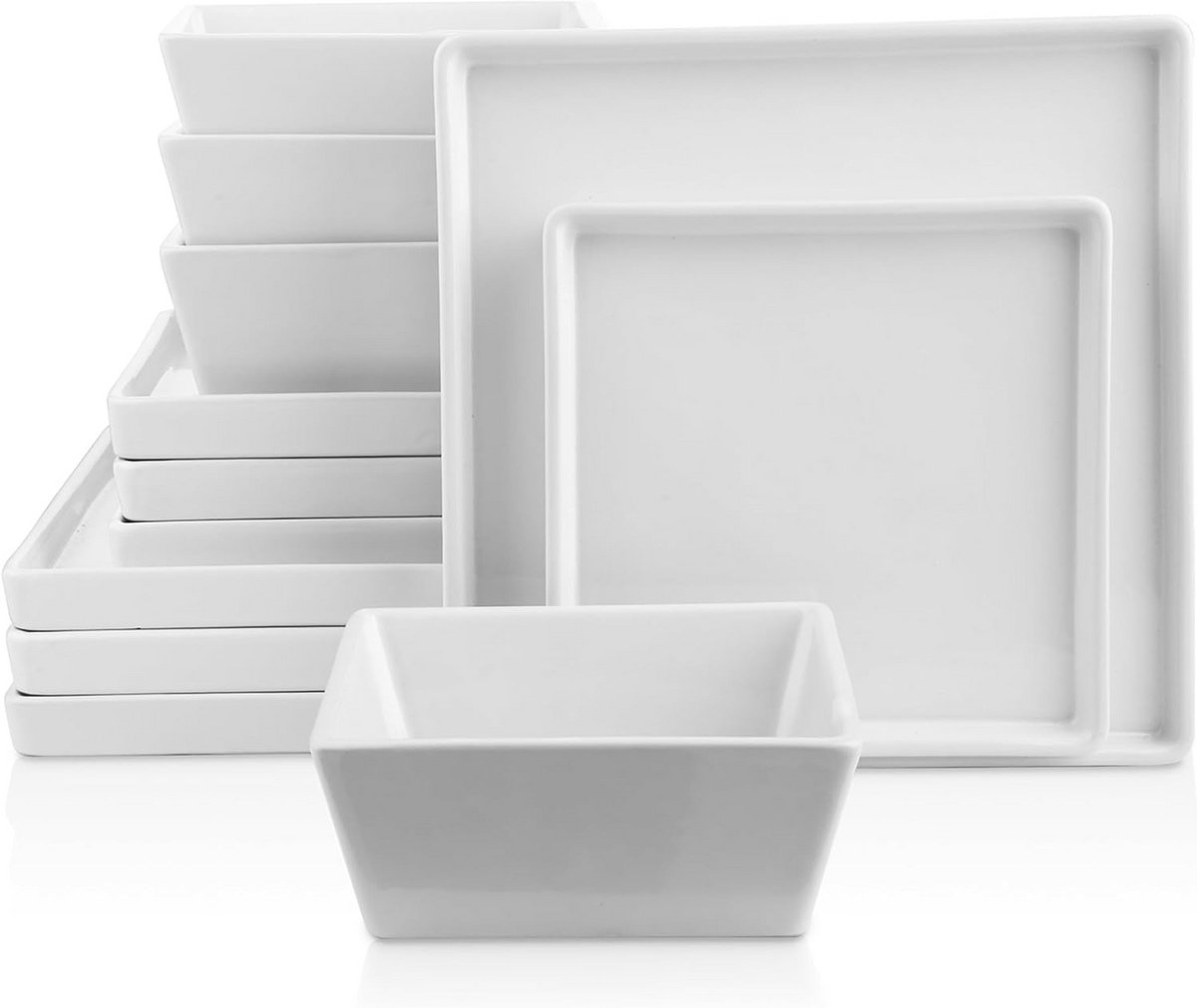 12-delige Aardewerk Servies Set - Wit, Vierkant Design