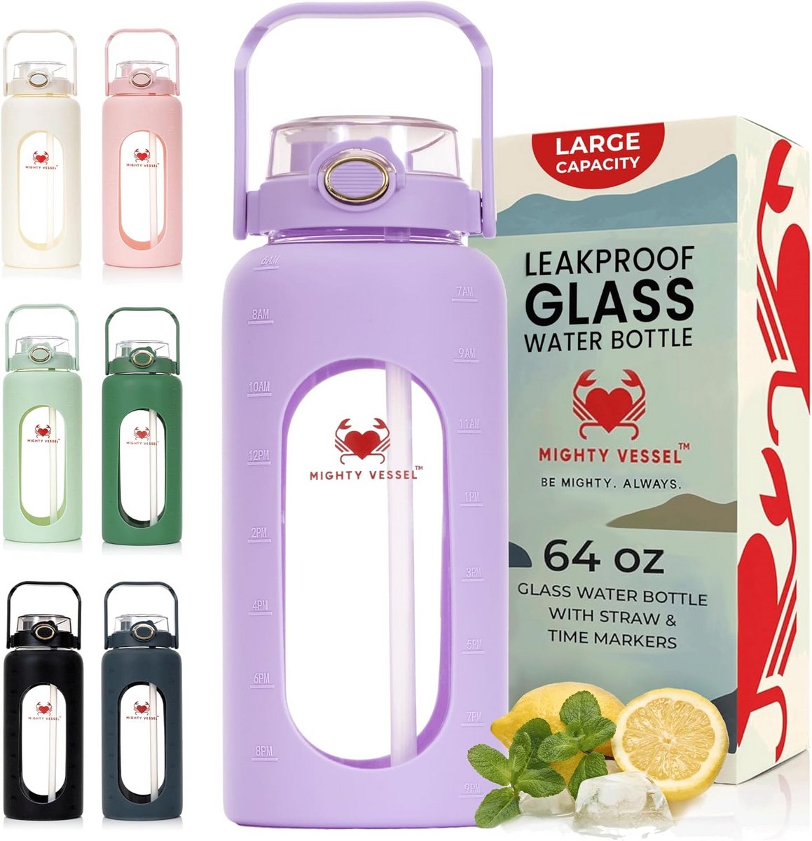 Glazen waterfles 66 oz met tijdmarkering en siliconen hoes voor optimale hydratatie