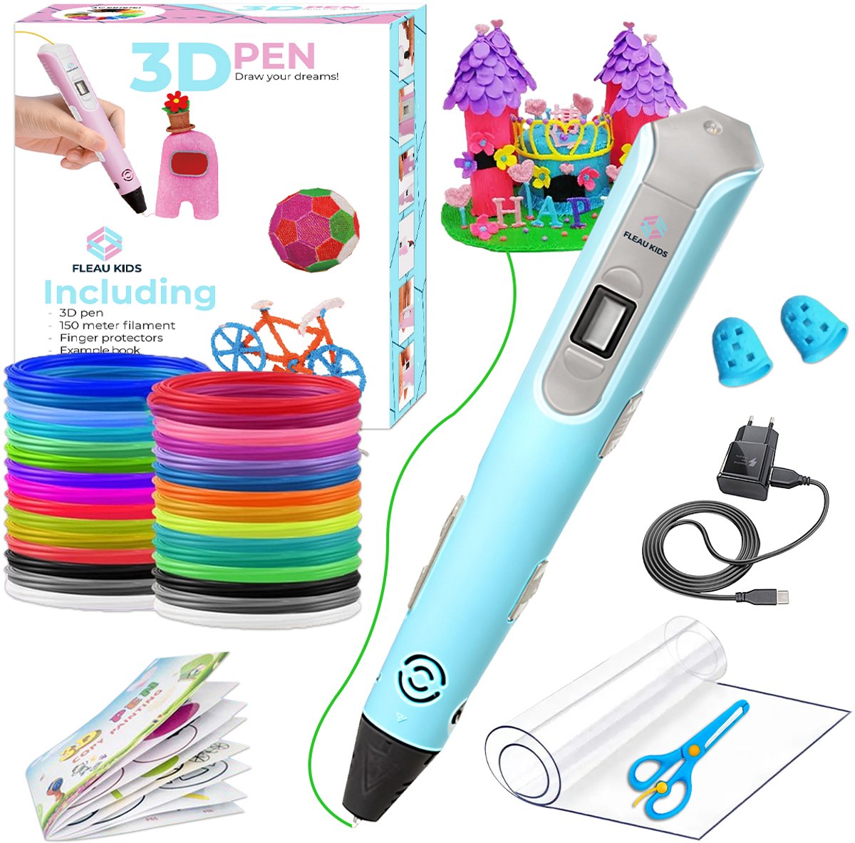 Fleau Kids 3D Pen Starterspakket Blauw L - 36m Filament - 12 Kleuren Vullingen + Vele Extra's - 2025 USB-C Model - Knutselen en Tekenen - 3D Printen - Tekenset
