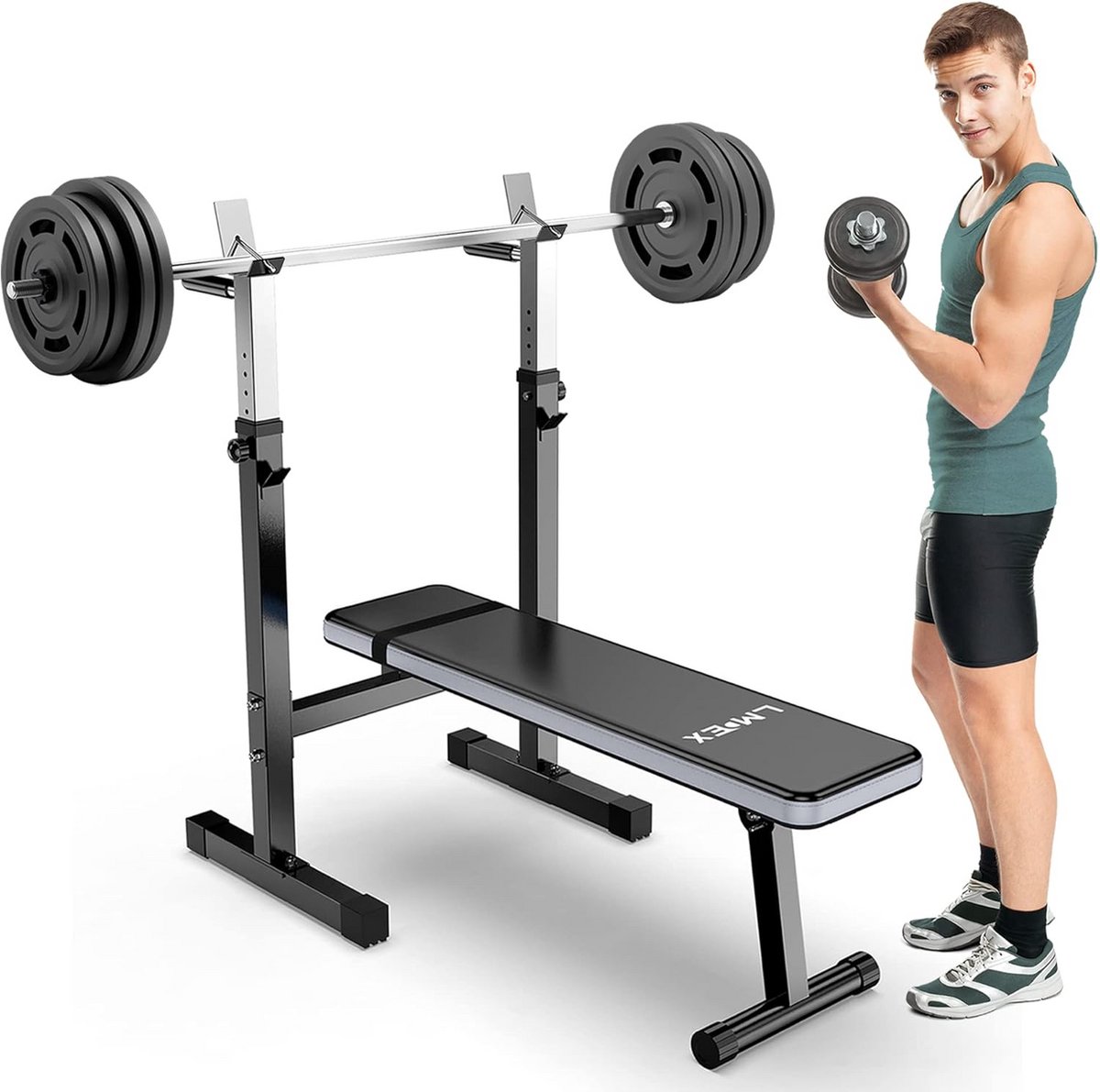 Verstelbare halterbank met squat rack en multifunctioneel dipstation voor full body workout thuis