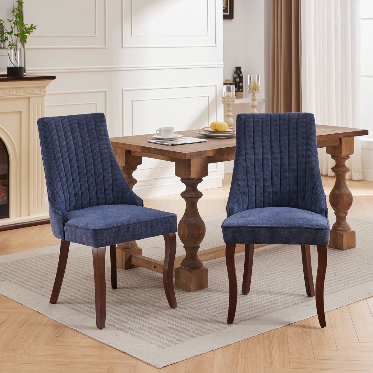 Clruro Rayon Stof Flocking Eetkamerstoelen - Set van 2 - Houten Poten - Blauw
