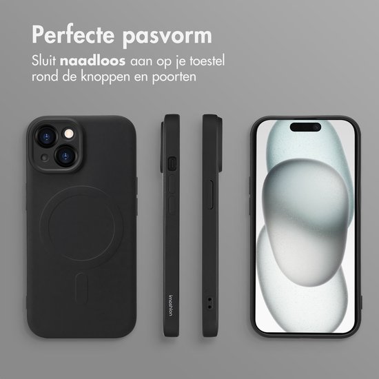Zwarte telefoonhoes in drie weergaven: voorkant, zijkant en op een iPhone.