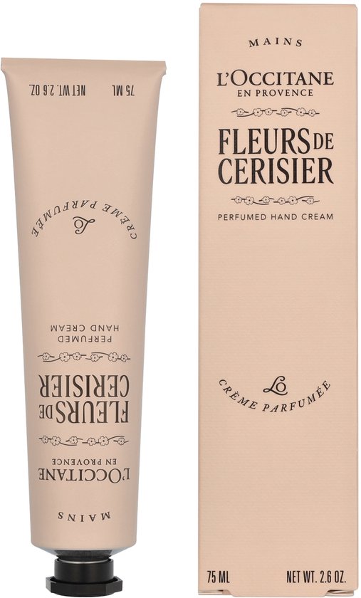 L'Occitane handcrème in zachtroze tube en bijpassende doos, met "Fleurs de Cerisier" Cherry Blossom.
