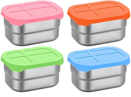 Roestvrijstalen snackbox met roze deksel, afmetingen 10x6.2x5.5cm.