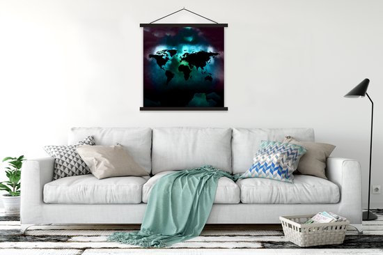 Porte-affiche avec affiche - Affiche scolaire - Wereldkaart - Couleurs - Zwart - 120x120 cm - Lattes noires