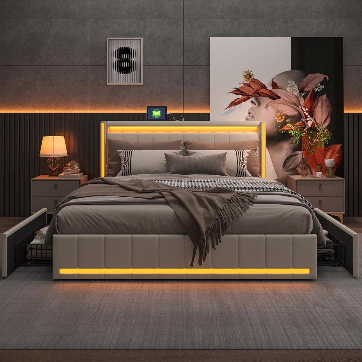 Tweepersoons bedframe 140x200 met 4 opbergladen en USB-aansluiting