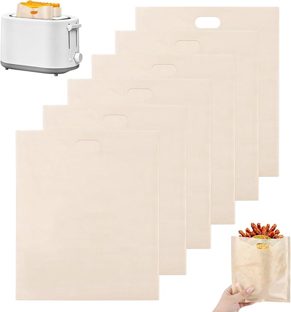Broodzak - 6 Stuks - 17x19 Cm - Antiaanbak Toaster Zakken - Herbruikbare En Wasbare Toastzakken - Geschikt Voor Grillen, Kaas En Sandwiches - Herbruikbaar - Gemakkelijk Schoon Te Maken - Geschikt Voor Magnetrons, Grills En Broodroosters - Khaki