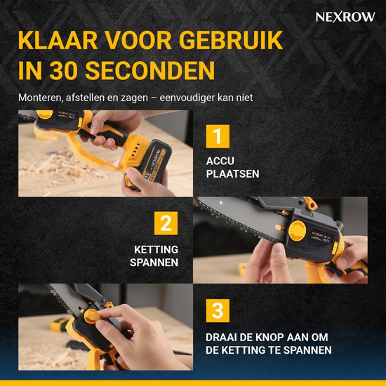 NEXROW Mini Kettingzaag - Elektrische Snoeizaag - 6 & 8 Inch Zaagblad - 2x 4000 mAh Accu - Inclusief Oplaadstation & Schuimkoffer - Brushless Motor - Automatische Kettingsmering - Veiligheidskettingrem van NEXROW — afbeelding 4