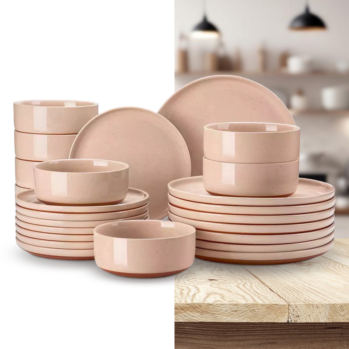 Luxe Serviesset – 24 delig – 8 persoons – Steengoed - Bordenset – Dinner platen – Dessertborden - Kommen - Roze