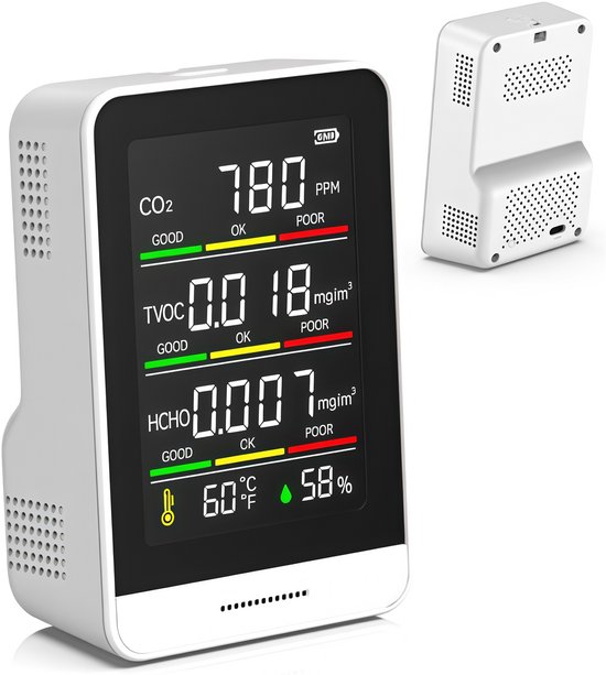 CO2 meter - luchtkwaliteitsmeter - Co melder - Binnen monitor - Draagbare meter - Hygrometer - Luchtvochtigheidsmeter - Slimme meter - HCHO detector - TVOC detector - Temperatuur meter - Vochtigheidsdetector - Voor thuis - Voor kantoor - Voor auto