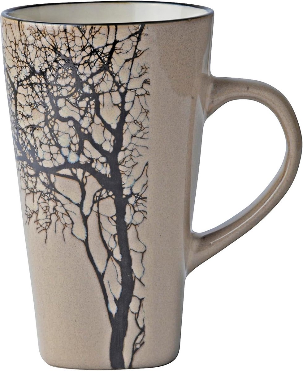 Mok met boom motief in taupe - Aardewerk Koffiemok