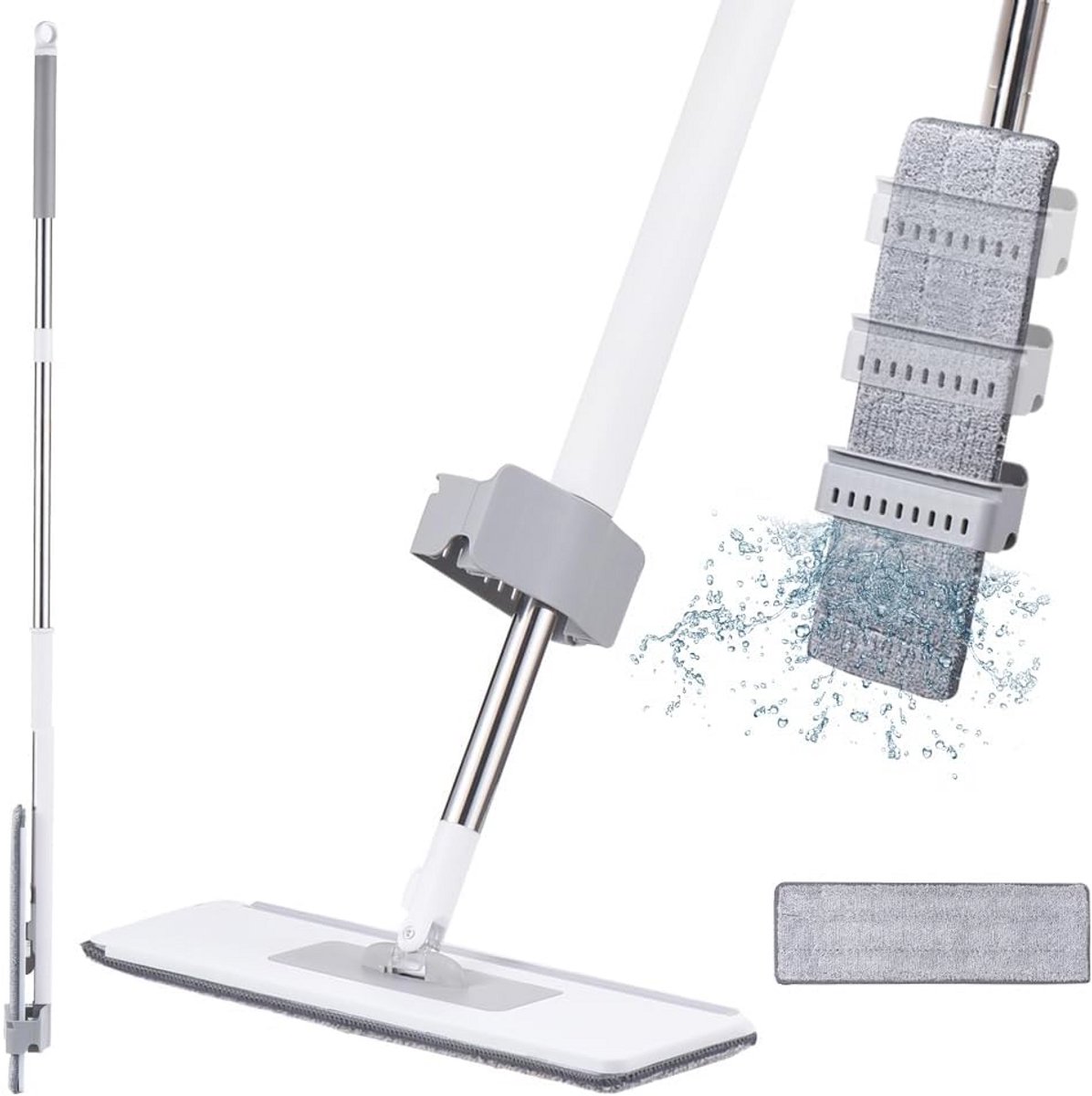 Zelfuitwringende platte mop met 360 graden functie en 2 wasbare dweilpads