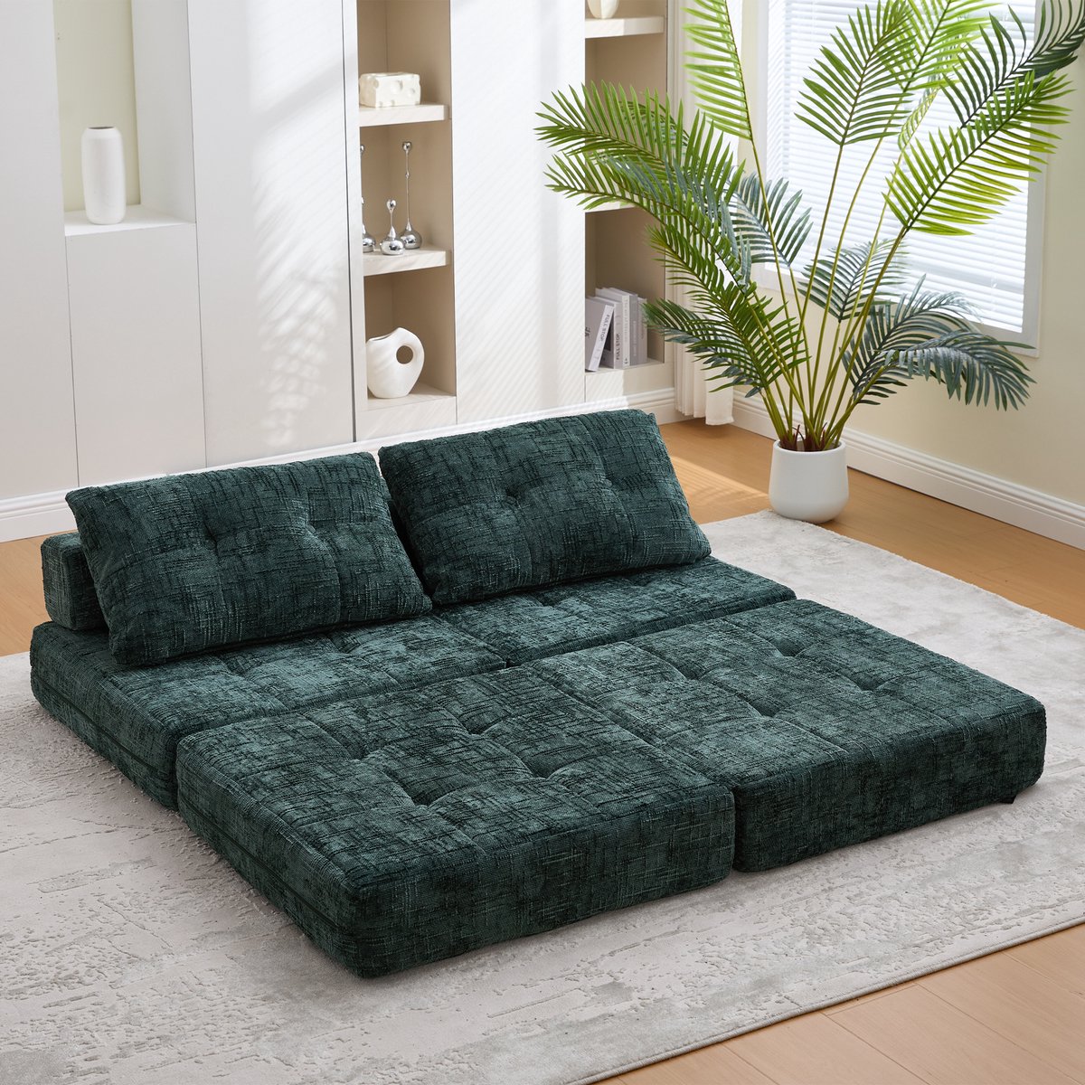 HAUSS SPOLE Sofa - Opvouwbare Slaapbank Compact - Rechthoekig Eenpersoons - Multifunctioneel Met Hoofd- & Lendenkussen - 79x180x18 cm Plat - Fluweel Smaragdgroen