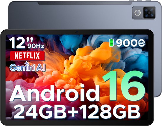 12 inch tablet met 90Hz scherm, Netflix en Gemini AI logo's. Achterkant met camera. Android 16, 24GB+128GB opslag.
