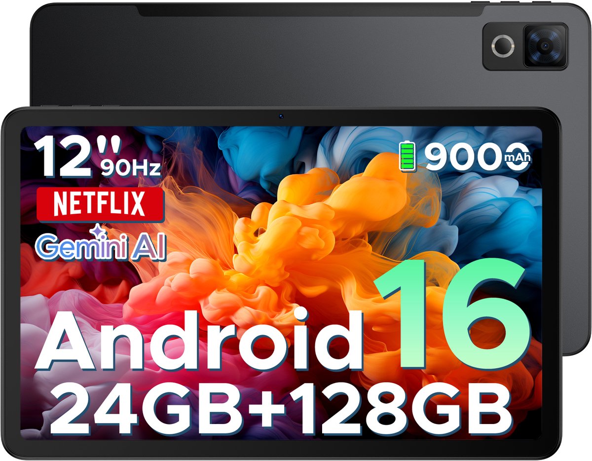 DOOGEE U12 - Tablet - Tablets - 24GB RAM+128GB ROM (2 TB/TF) - 12 inch+90Hz - 9000mAh/18W - Gemini AI - UNISOC T7255 - 13 MP+8 MP - 7,8 mm ultradun - WiFi 5 - Widevine L1 - GPS - Face ID - OTG - FM - Zwart