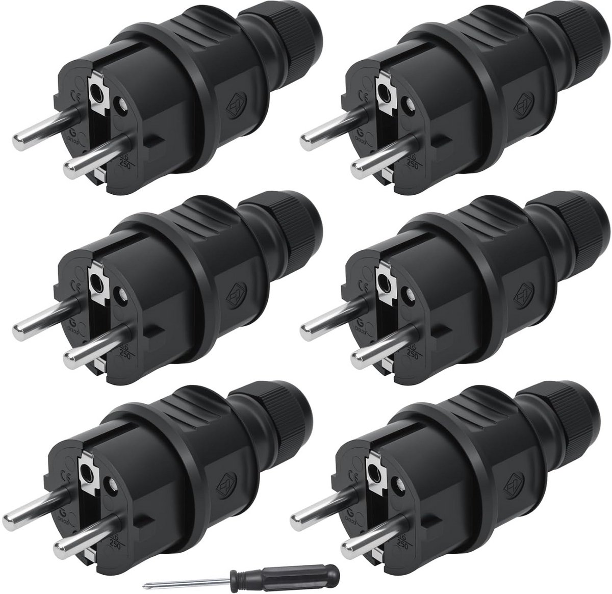 6x Geaarde Schuko Stekkers, IP44 Waterdicht, Vlamvertragend, voor Buiten en Binnen