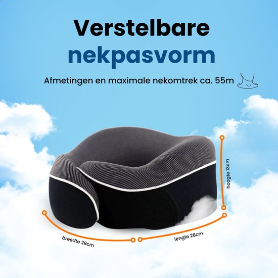Coussin de nuque réglable noir avec passepoil blanc. Dimensions: largeur 28cm, longueur 28cm, hauteur 18cm.