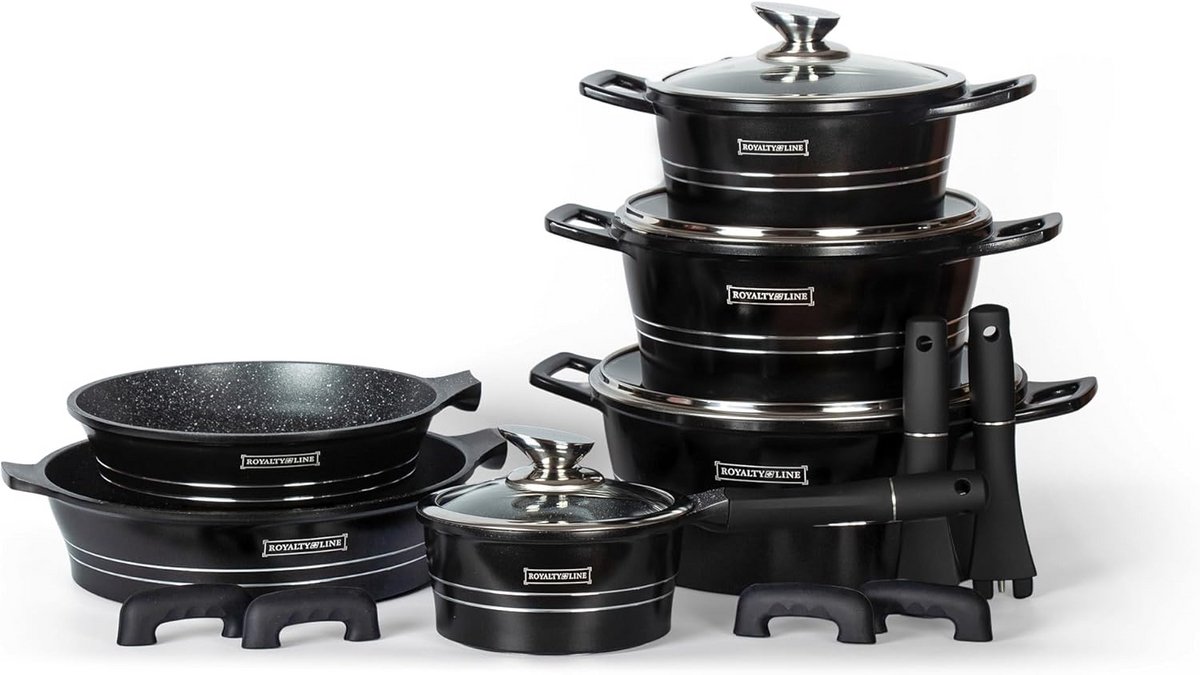 Complete 14-delige kookgerei set met marmeren coating en afneembare handvatten