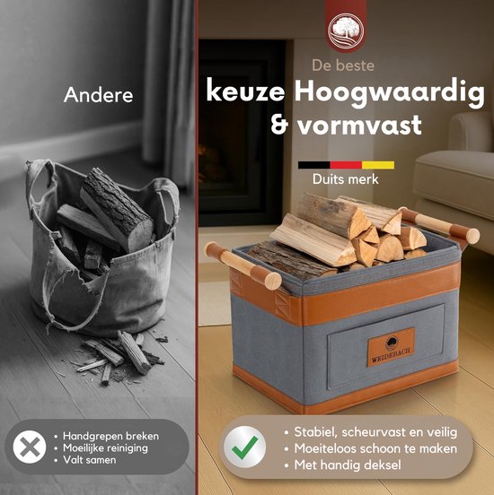 Grijze mand met bruine accenten en houten handvatten, vergeleken met een andere mand. "De beste keuze Hoogwaardig & vormvast".