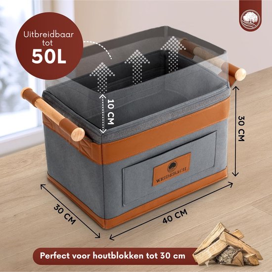 Grijze mand met bruine accenten en houten handvatten. Afmetingen 40x30x30cm, uitbreidbaar tot 50L.