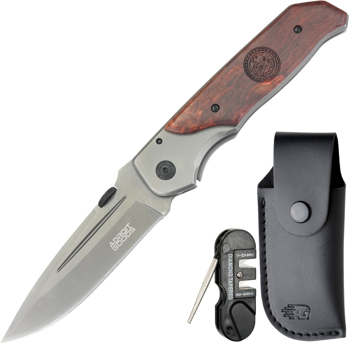 AdroitGoods RVS zakmes met rood sandelhout en gravure – incl. hoes en slijptool - Premium opvouwbaar houten-handgreep outdoor-mes - Hoogwaardig roestvast staal, 3.5 mm rugdikte, 58 HRC hardheid