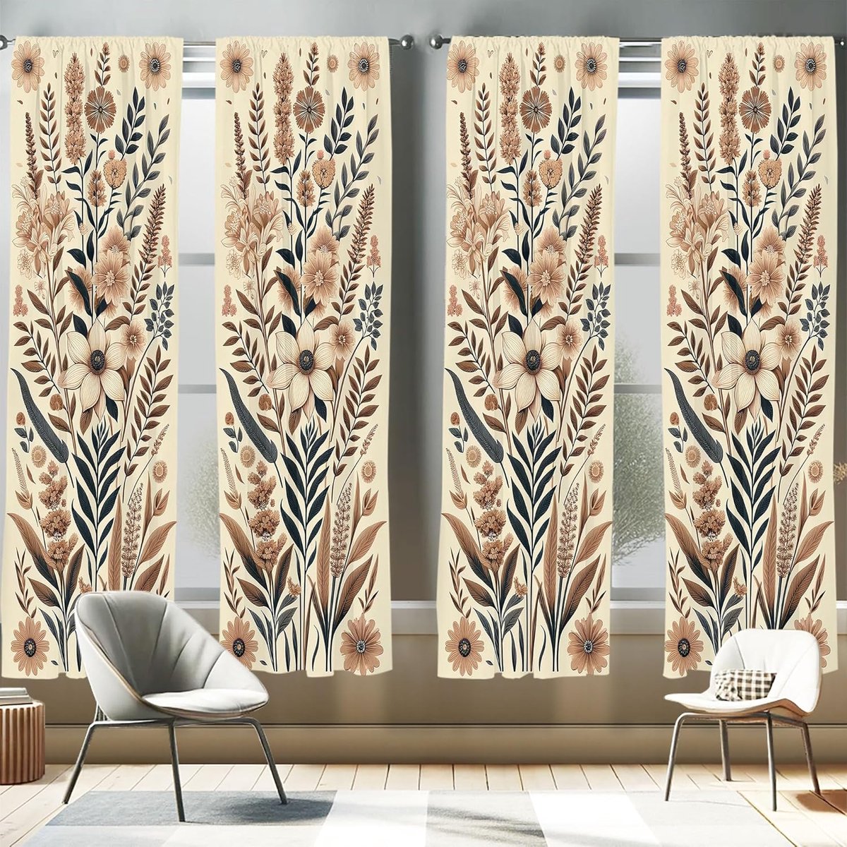 Famanu Boerderijprint gordijnen, set van 4 panelen 75 × 245 cm – Lichtgrijs Eierschaalkleuren ombrabruin blauwgrijs