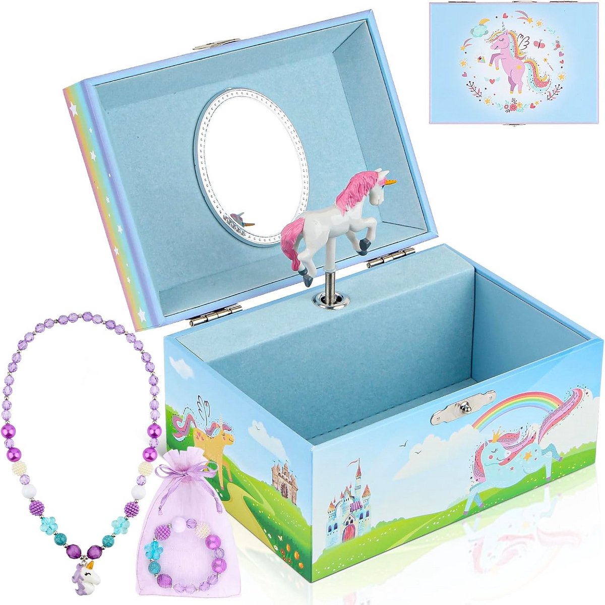 Muziek Sieradendoos Meisjes met Draaiende Eenhoorn en Ketting Armband Cadeauset