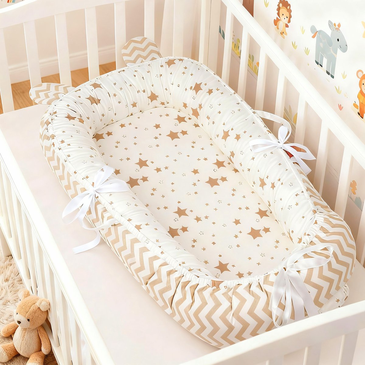 Soontrans Draagbaar Babynestje Voor Pasgeborenen – Katoen, Omkeerbaar, Machinewasbaar, Zacht en Duurzaam, 85 x 50 x 15 cm – Ideaal Als Reisbedje en Voor Babybedjes - Sterren
