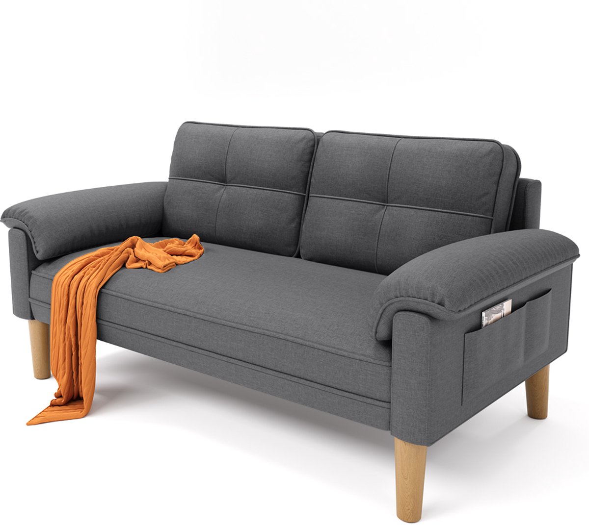 Xbro Zitbank met Armleuningen en Zijvakjes - Zitbank 2 zits - Kleine Stoffen Bank - Voor Woonkamer, Appartement, Kantoor - 145 x 77 x 77 cm - Donkergrijs