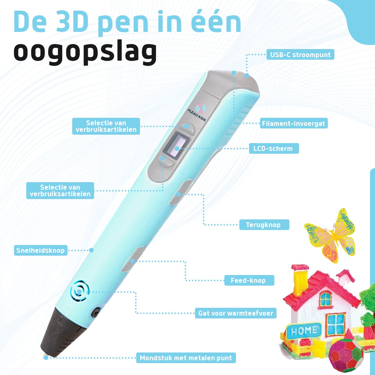 Fleau Kids 3D Pen Starterspakket Blauw XXL - 150m Filament - 30 Kleuren Vullingen - 2025 USB-C model + Vele Extra's - Knutselen en Tekenen - 3D Printen - Tekenset — afbeelding 10