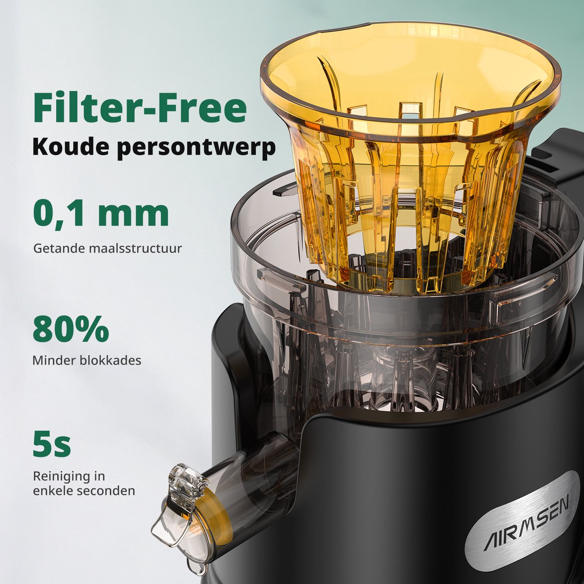 AIRMSEN Slowjuicer: Brede vulschacht, geen zeef, makkelijk schoon thumbnail 5