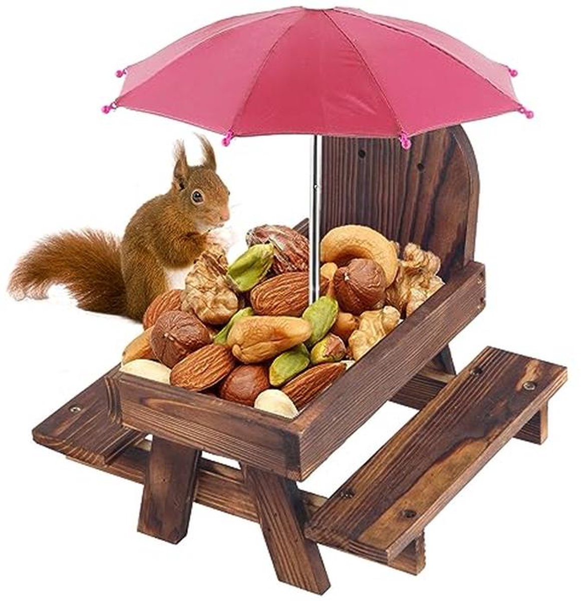 Bruine eekhoornvoeder met picknicktafel en parasol voor tuinbomen