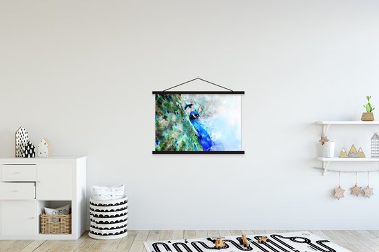 Porte-affiche avec affiche - Affiche scolaire - Aquarelle - Paon - Blauw - 90x60 cm - Lattes noires